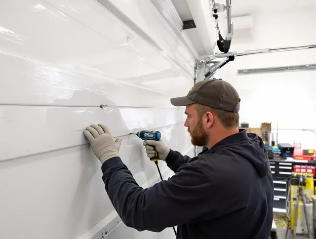 West Palm Beach Garage Door Repair technician demonstrating precision dent removal techniques on a West Palm Beach garage door