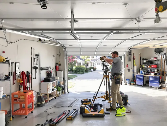 West Palm Beach Garage Door Repair specialist performing laser-guided track alignment in West Palm Beach